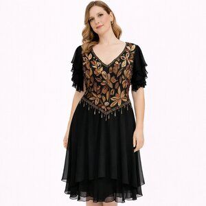 Vintage Black Chiffon Dress with Gold Sequin & Beaded Bodice – Holiday Glam Cock